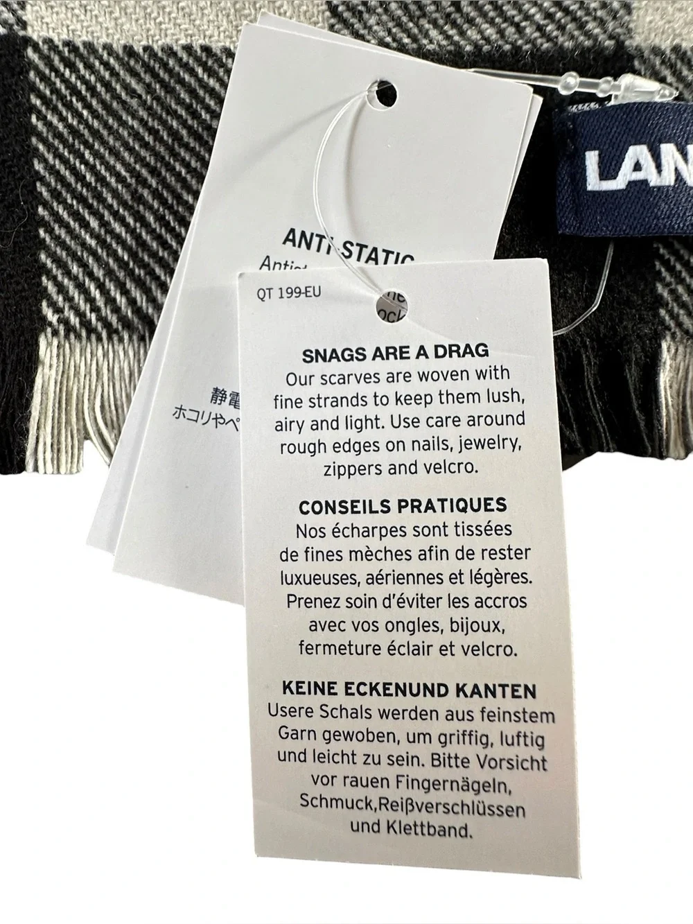 Lands End NWT Black & Cream Plaid CashTouch Winter Scarf Soft Fringe